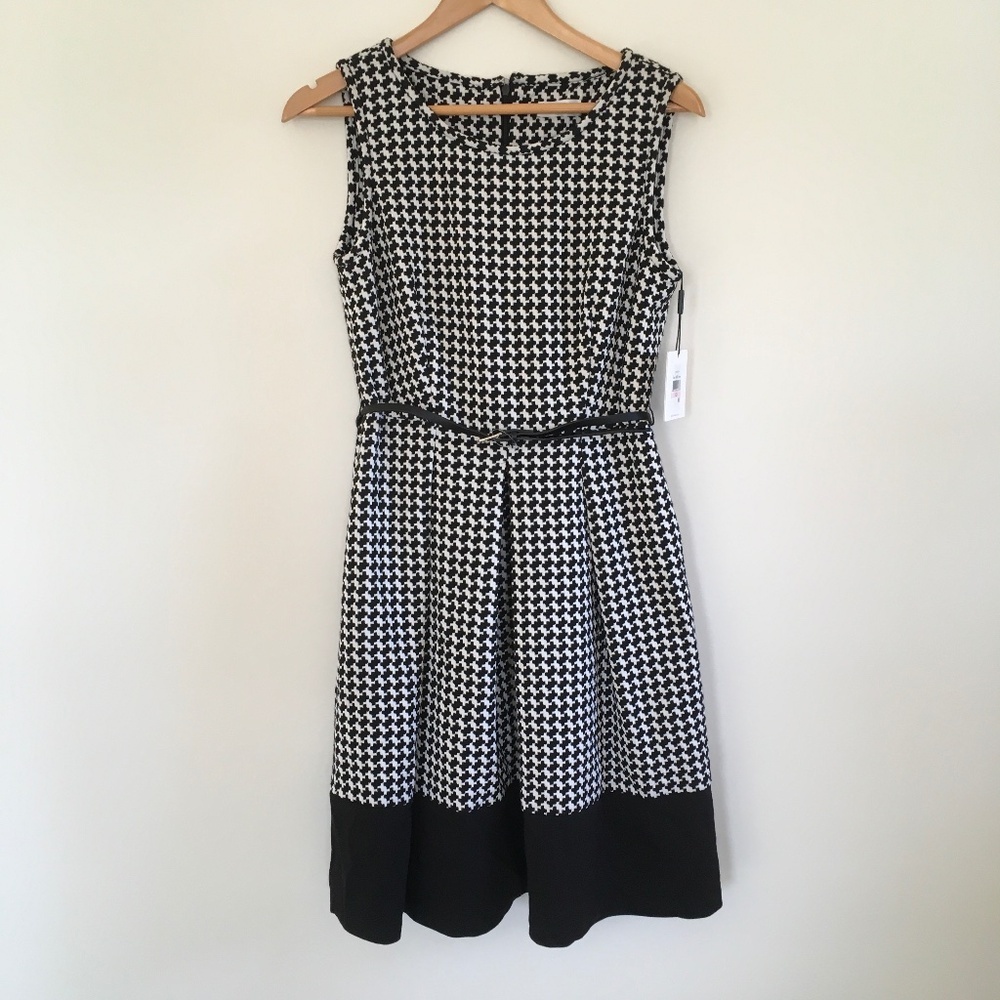 Calvin Klein Black White Houndstooth A Line Scuba Ponte Knit Dress 10 Fit Flare